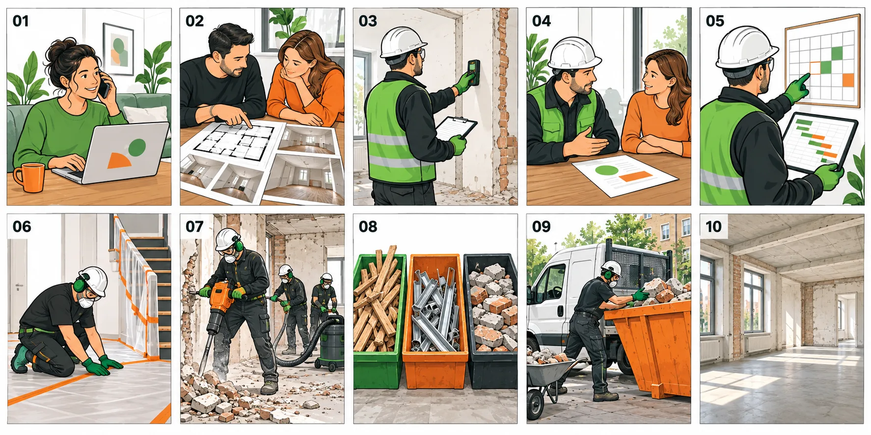 Het renovatiesloopproces in tien geïllustreerde stappen, van aanvraag tot oplevering.